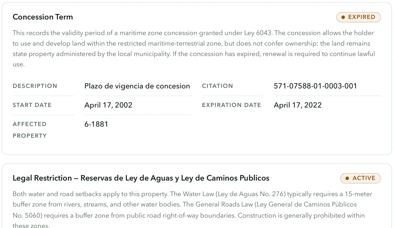 Encumbrance cards: an expired maritime concession term and an active legal restriction, each with citation and dates