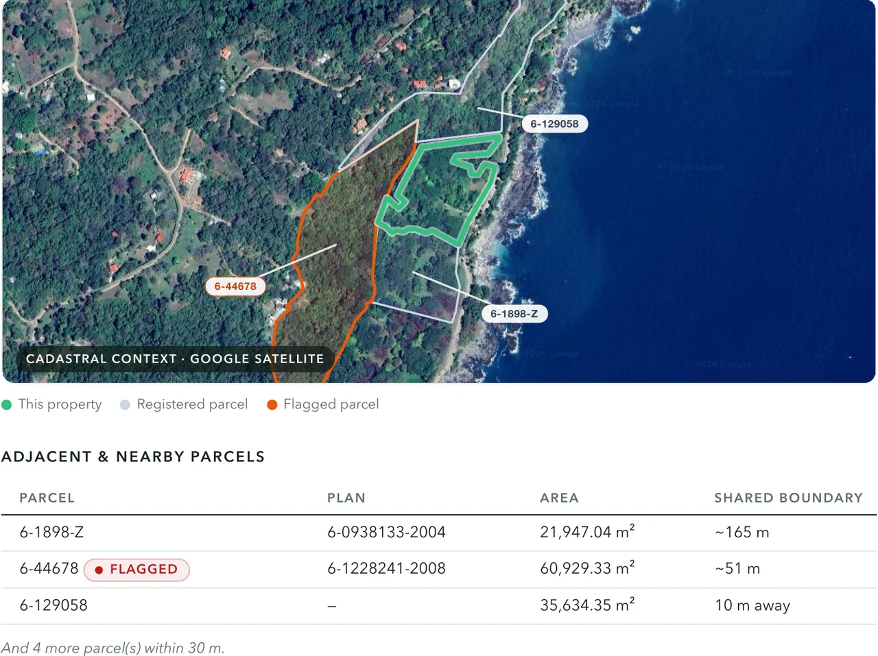 Satellite map of the parcel among its labelled neighbours, with a flagged parcel highlighted, and the adjacent-parcels table