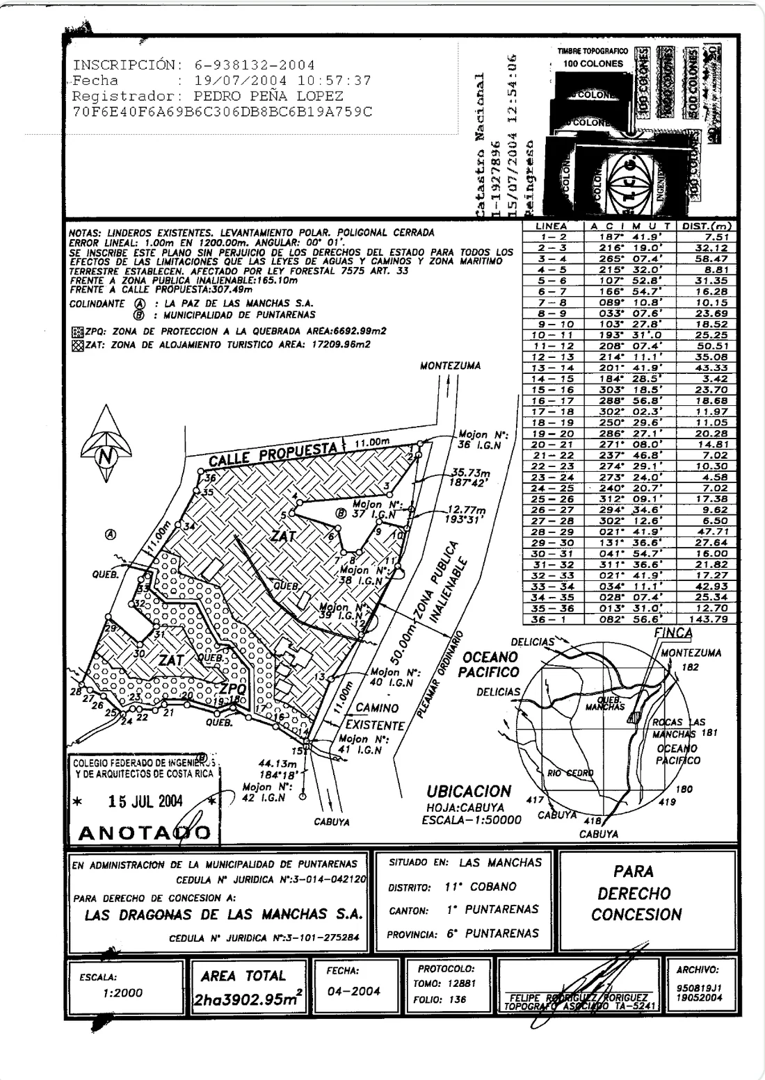 Scanned plano catastrado: the official land survey with bearings, distances, and registry stamps