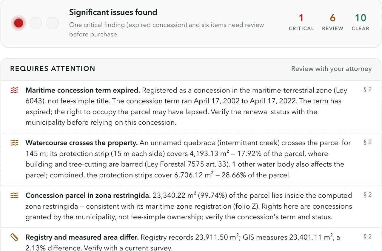 Report risk summary: significant issues found, one critical finding and six to review, with findings explained in plain language