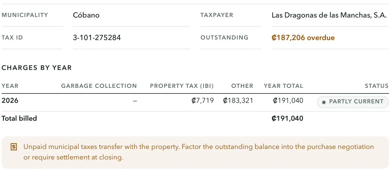 Municipal tax status with an overdue balance, charges by year, and a note that unpaid taxes transfer with the property